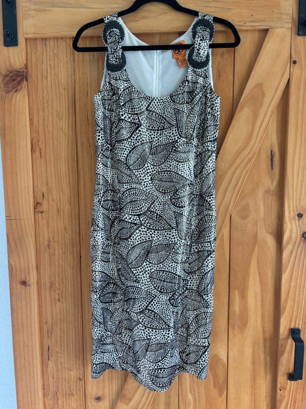 Tory Burch Silk Black & White Leaf-Print Midi Dress with beaded shoulder detail
